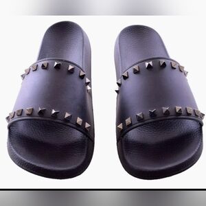 Valentino Garavani Black Rockstud Rubber Sandals Pool Studded Slides Sz44/10US